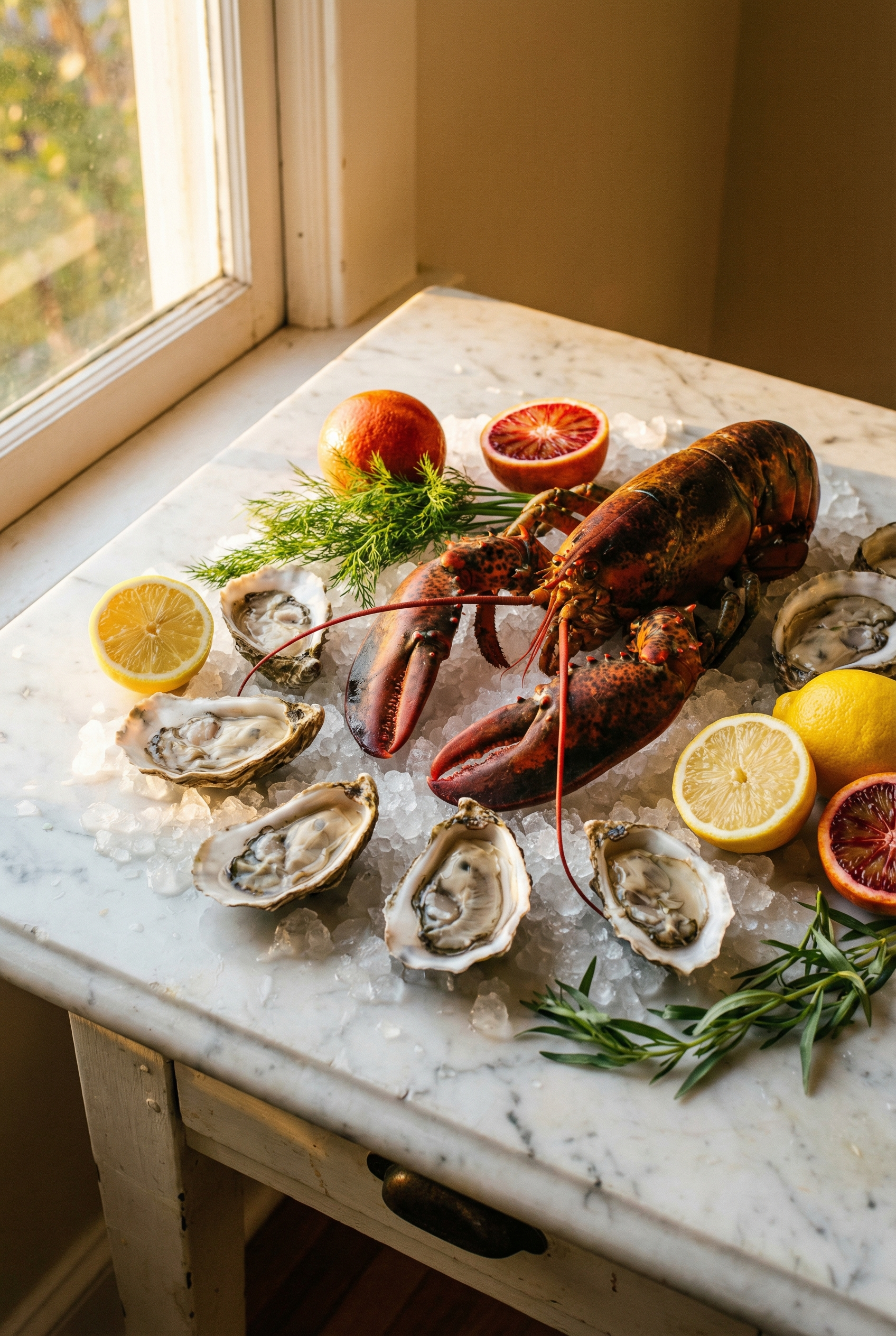 Fresh seafood arrangement on crushed ice, lit by warm afternoon light