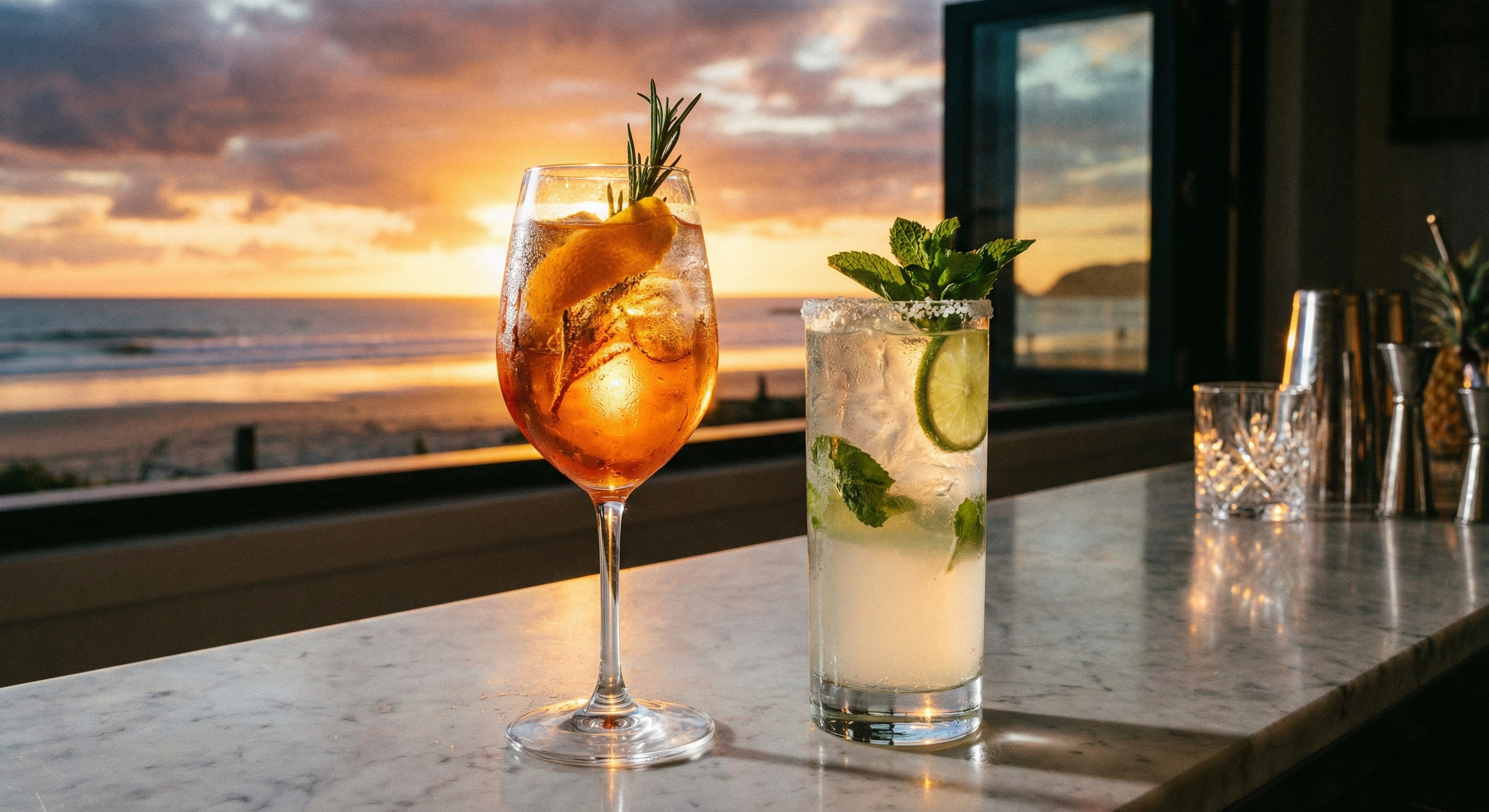 Two craft cocktails on a marble bar top with sunset light