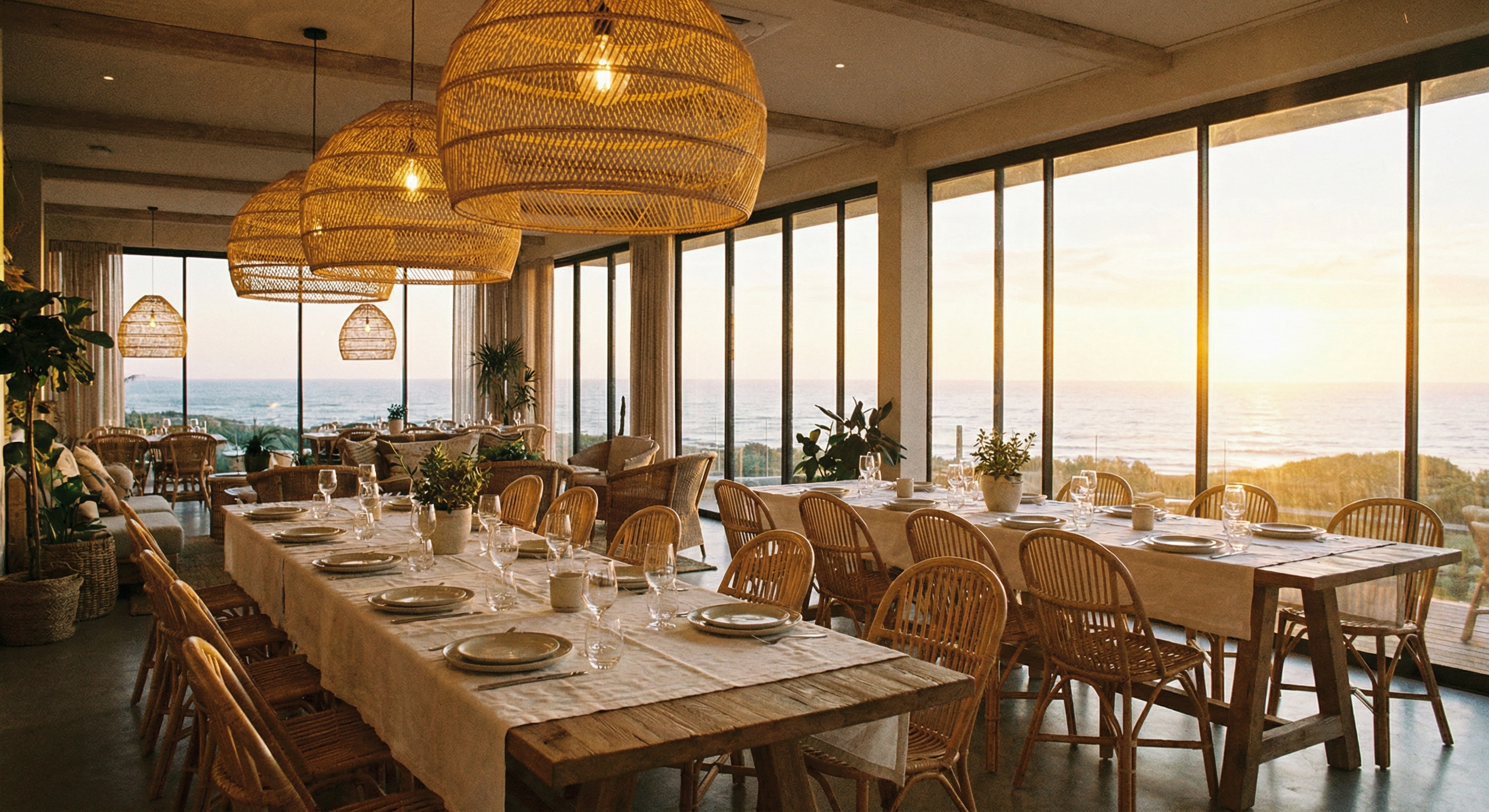Interior dining room with white linen tablecloths and candle light