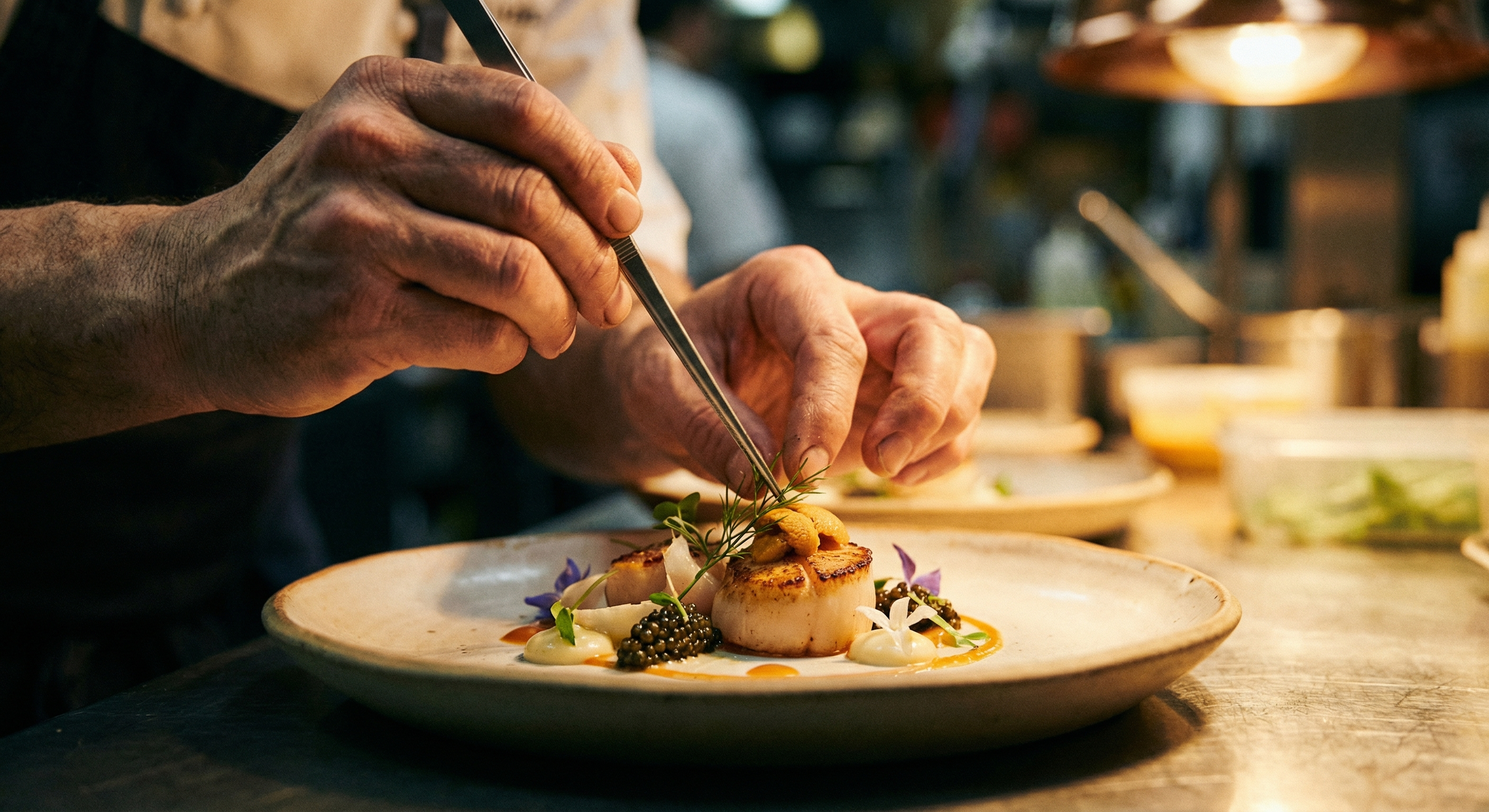 Chef carefully plating a seafood dish under warm kitchen light