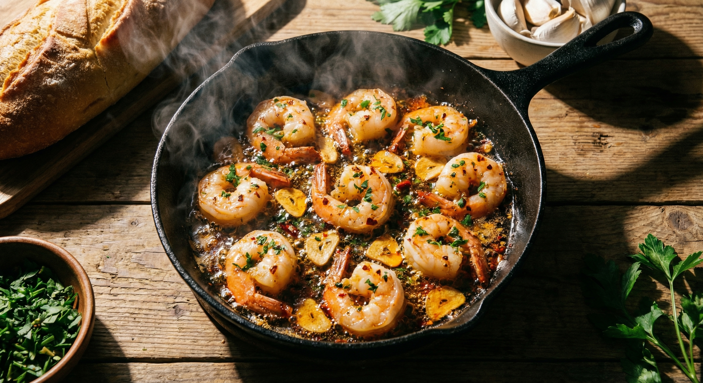 Sizzling garlic shrimp in a cast iron pan with herbs
