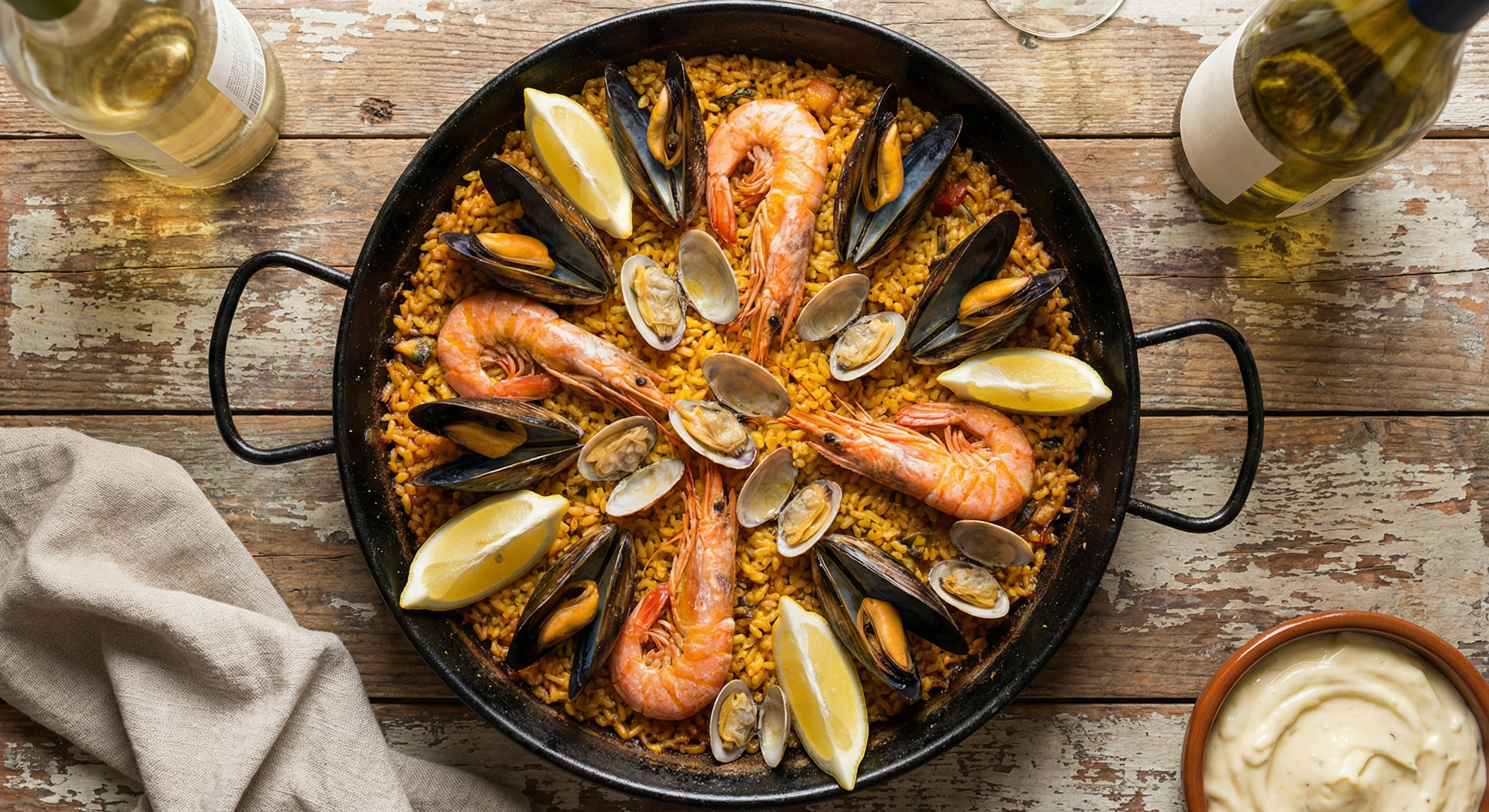 Traditional paella in a wide pan with mussels, shrimp, and saffron rice