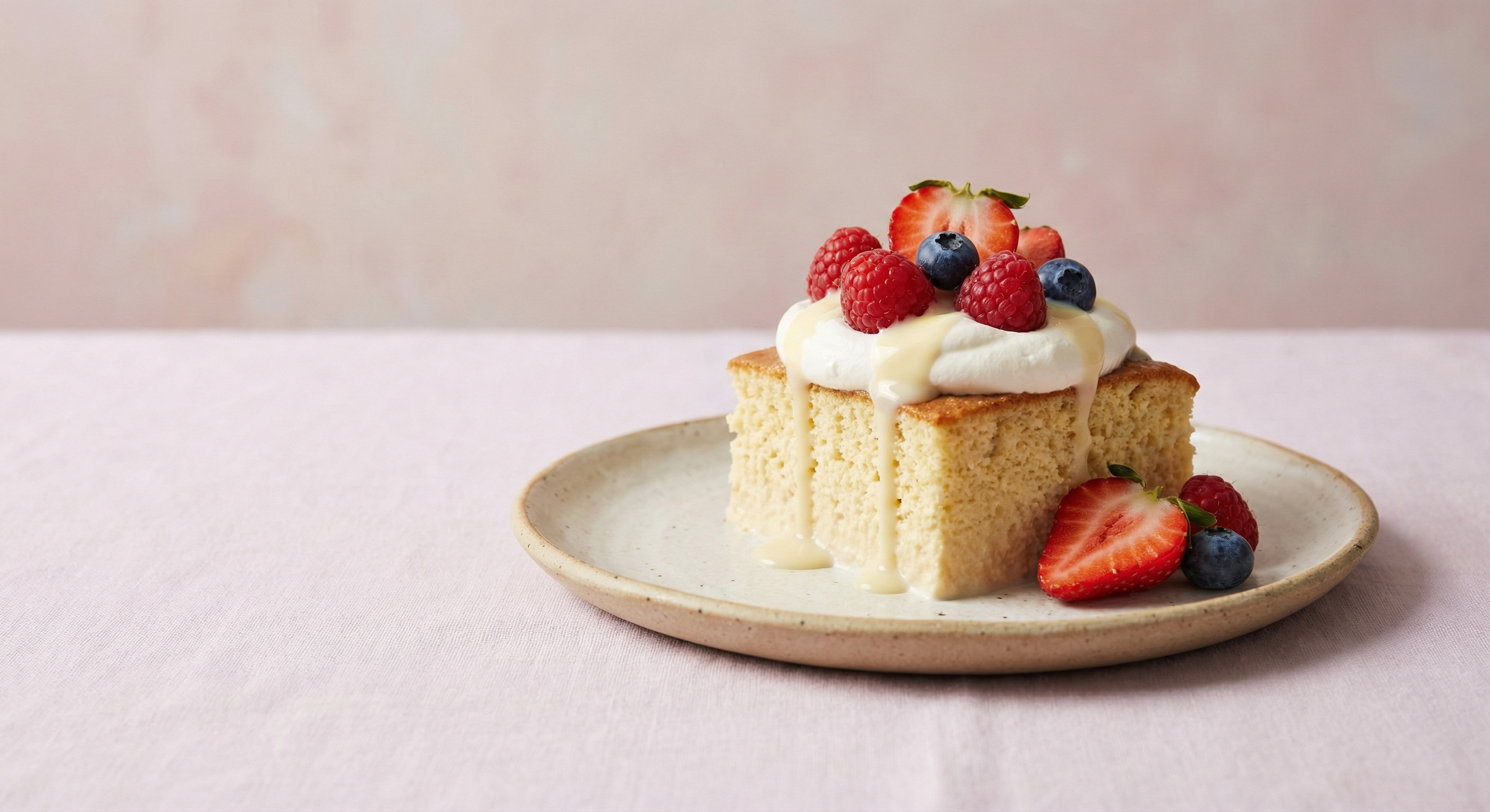 Slice of tres leches cake with whipped cream and berry garnish