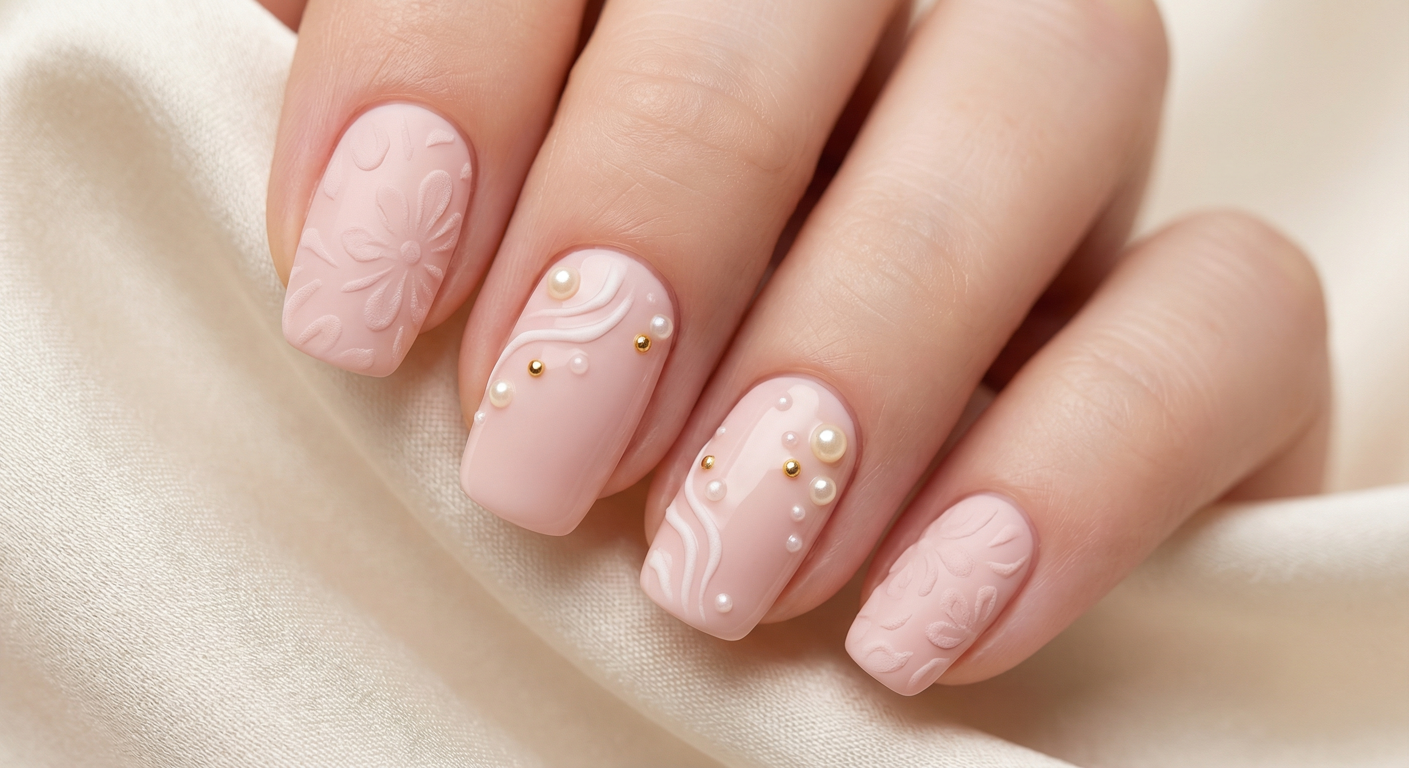 3D textured nail art with pearls